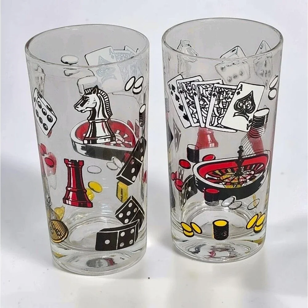Vintage Hazel Atlas Casino Game Night Glasses Set of 2 Poker Dice Cards Barware